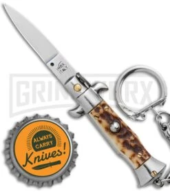 SKM 2.75" Italian Stiletto Keychain Stag Automatic Knife - Satin Plain -Elite Knives Shop SKM 2.75in Italian Stiletto Keychain Sim Abalone Auto Satin GX 36953 jr bottlecap large