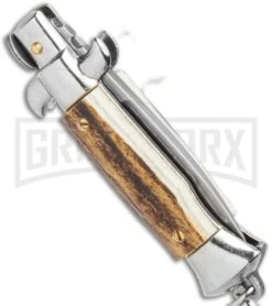 SKM 2.75" Italian Stiletto Keychain Stag Automatic Knife - Satin Plain -Elite Knives Shop SKM 2.75in Italian Stiletto Keychain Sim Abalone Auto Satin GX 36953 jr side large