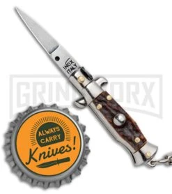 SKM 4" Italian Stiletto Keychain Stag Automatic Knife - Satin Plain -Elite Knives Shop SKM 4in Italian Stiletto Keychain Stag Auto Satin Plain GX 36961 jr bottlecap large