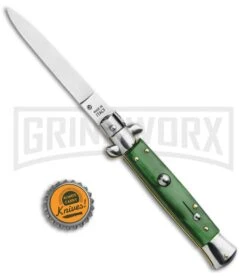 SKM 9" Italian Stiletto Green Acrylic Automatic Knife - Flat Satin Plain -Elite Knives Shop SKM 9in Stiletto Auto Green Acrylic Satin Flat BHQ 92044 jr bottlecap large