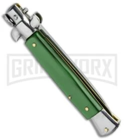 SKM 9" Italian Stiletto Green Acrylic Automatic Knife - Flat Satin Plain -Elite Knives Shop SKM 9in Stiletto Auto Green Acrylic Satin Flat BHQ 92044 jr side large