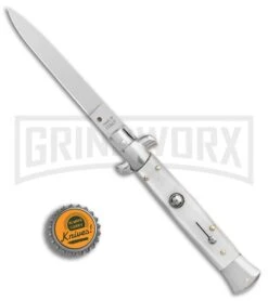 SKM 9" Italian Stiletto White Pearlex Automatic Knife - Satin Spear Point 7 SKM 9" Italian Stiletto White Pearlex Automatic Knife - Satin Spear Point -Elite Knives Shop SKM AB 9in Italian White Snow Acrylic Auto Stiletto Flat Grind GX 5499 er bottlecap large