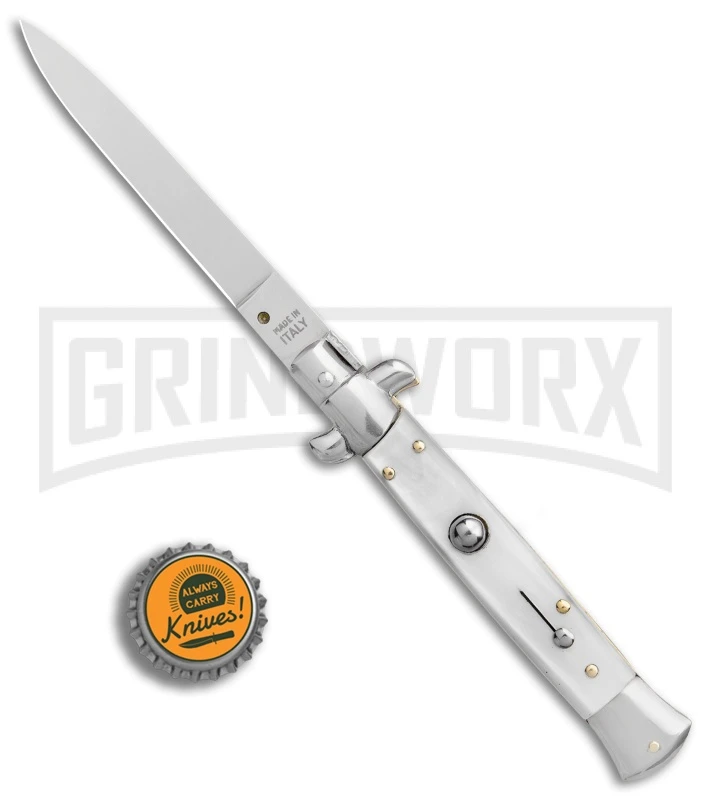 SKM 9" Italian Stiletto White Pearlex Automatic Knife - Satin Spear Point 4 SKM 9" Italian Stiletto White Pearlex Automatic Knife - Satin Spear Point - Image 4