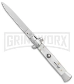SKM 9" Italian Stiletto White Pearlex Automatic Knife - Satin Spear Point
