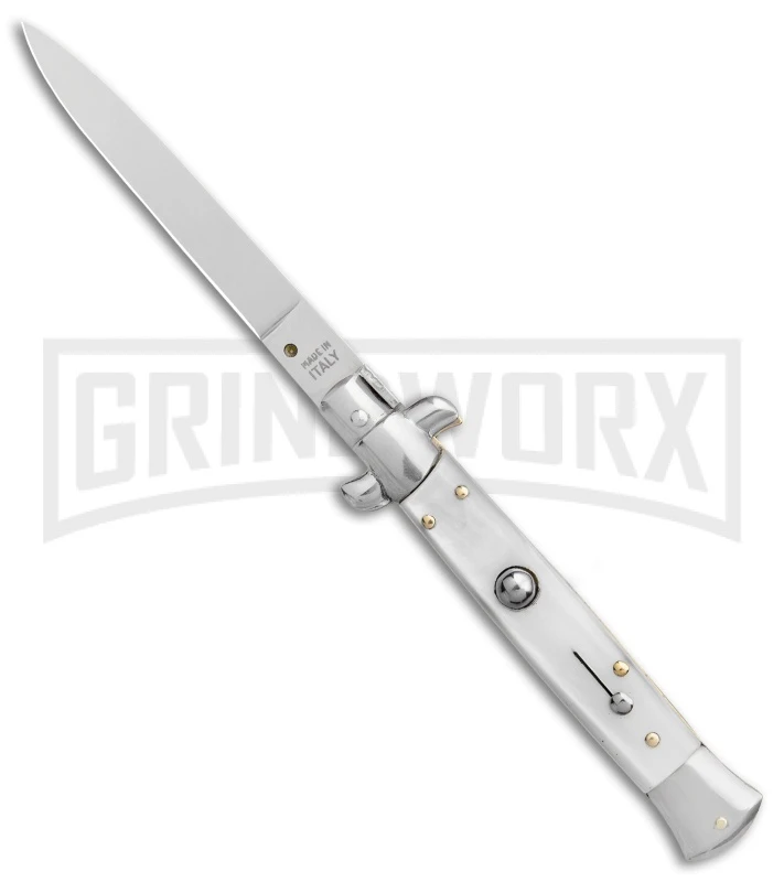 SKM 9" Italian Stiletto White Pearlex Automatic Knife - Satin Spear Point 1 SKM 9" Italian Stiletto White Pearlex Automatic Knife - Satin Spear Point