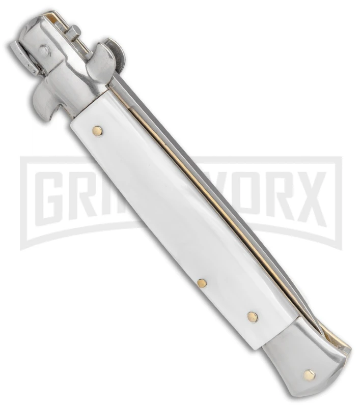 SKM 9" Italian Stiletto White Pearlex Automatic Knife - Satin Spear Point 2 SKM 9" Italian Stiletto White Pearlex Automatic Knife - Satin Spear Point - Image 2