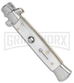 SKM 9" Italian Stiletto White Pearlex Automatic Knife - Satin Spear Point 6 SKM 9" Italian Stiletto White Pearlex Automatic Knife - Satin Spear Point -Elite Knives Shop SKM AB 9in Italian White Snow Acrylic Auto Stiletto Flat Grind GX 5499 er spine large