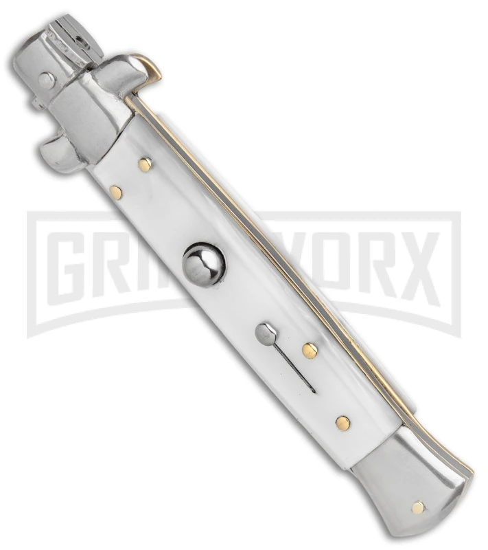 SKM 9" Italian Stiletto White Pearlex Automatic Knife - Satin Spear Point 3 SKM 9" Italian Stiletto White Pearlex Automatic Knife - Satin Spear Point - Image 3
