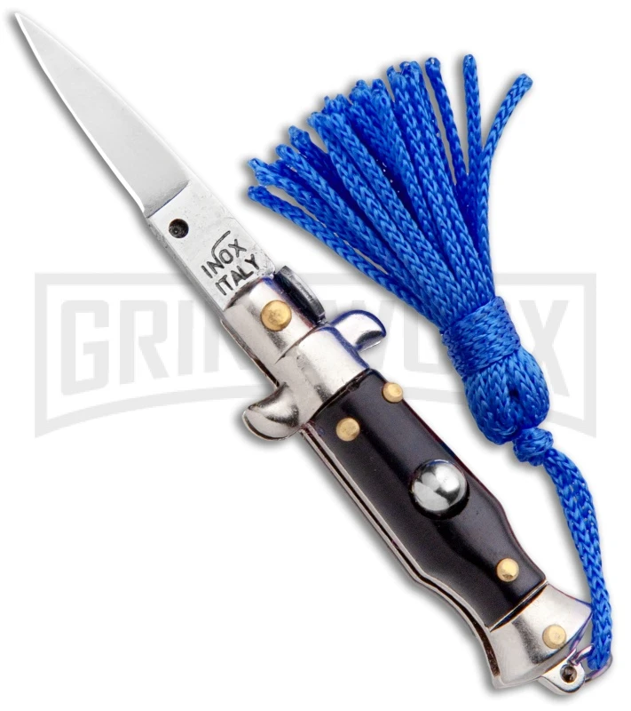 Italian Stiletto Black Automatic Knife Blue Keychain - Flat Grind 1 Italian Stiletto Black Automatic Knife Blue Keychain - Flat Grind