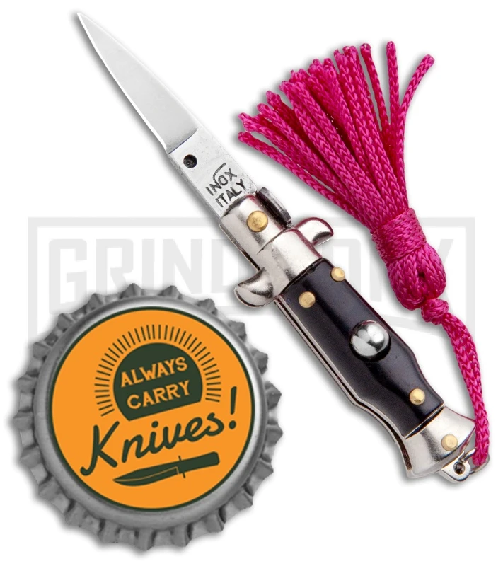 Italian Stiletto Black Automatic Knife Pink Keychain - Flat Grind 4 Italian Stiletto Black Automatic Knife Pink Keychain - Flat Grind - Image 4