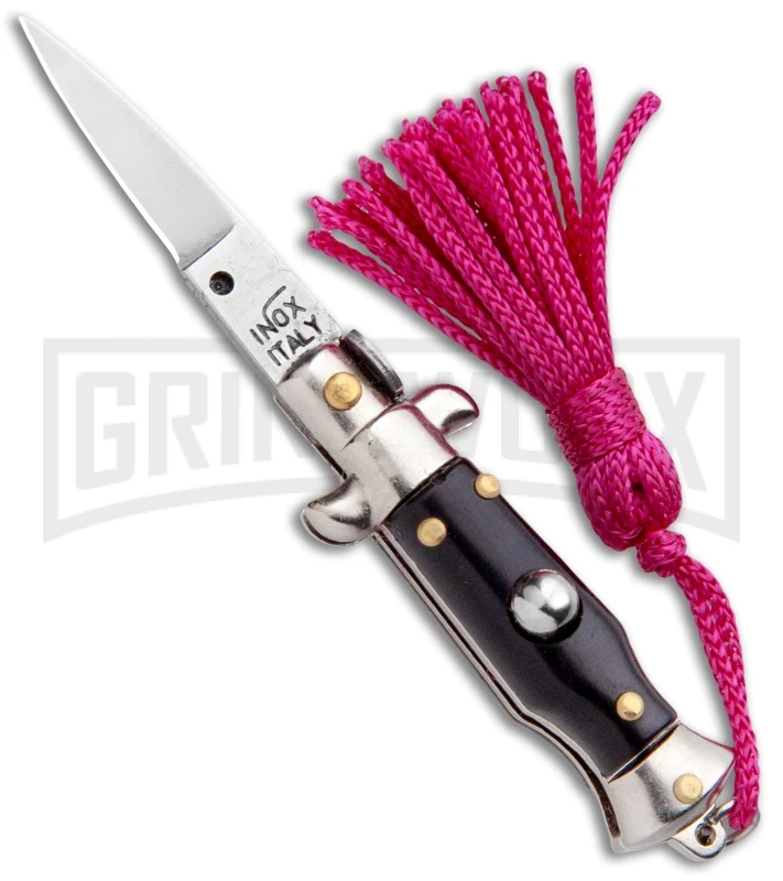 Italian Stiletto Black Automatic Knife Pink Keychain - Flat Grind 1 Italian Stiletto Black Automatic Knife Pink Keychain - Flat Grind