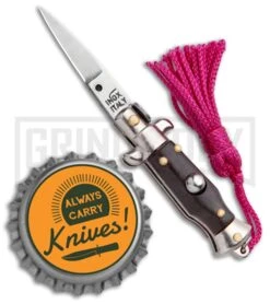 Italian Stiletto Brown Automatic Knife Pink Keychain - Flat Grind -Elite Knives Shop SKM Italian Stiletto Keychain Auto Brown Pink Satin BHQ 102937 jr bottlecap large