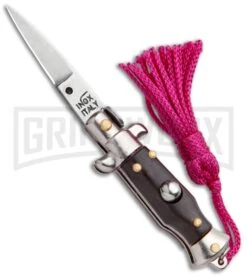 Italian Stiletto Brown Automatic Knife Pink Keychain - Flat Grind