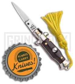 Italian Stiletto Brown Automatic Knife Yellow Keychain - Flat Grind -Elite Knives Shop SKM Italian Stiletto Keychain Auto Brown Yellow Satin BHQ 102941 jr bottlecap large