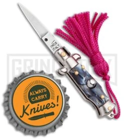 Italian Stiletto Gray Marble Automatic Knife Pink Keychain - Flat Grind -Elite Knives Shop SKM Italian Stiletto Keychain Auto Marble Pink Satin BHQ 102938 jr bottlecap large