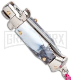 Italian Stiletto Gray Marble Automatic Knife Pink Keychain - Flat Grind -Elite Knives Shop SKM Italian Stiletto Keychain Auto Marble Pink Satin BHQ 102938 jr side large