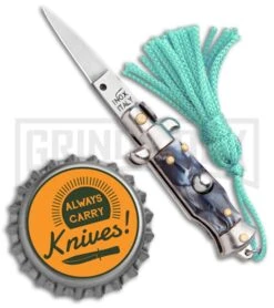 Italian Stiletto Gray Marble Automatic Knife Teal Keychain - Flat Grind -Elite Knives Shop SKM Italian Stiletto Keychain Auto Marble Teal Satin BHQ 102943 jr bottlecap large