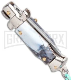 Italian Stiletto Gray Marble Automatic Knife Teal Keychain - Flat Grind -Elite Knives Shop SKM Italian Stiletto Keychain Auto Marble Teal Satin BHQ 102943 jr side large