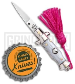 SKM Italian Stiletto Gray Automatic Knife Pink Keychain - Flat Grind -Elite Knives Shop SKM Italian Stiletto Keychain Auto Silver Pink Satin BHQ 102939 jr bottlecap large