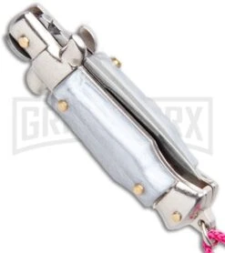 SKM Italian Stiletto Gray Automatic Knife Pink Keychain - Flat Grind -Elite Knives Shop SKM Italian Stiletto Keychain Auto Silver Pink Satin BHQ 102939 jr side large