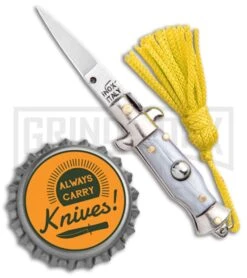 Italian Stiletto Gray Automatic Knife Yellow Keychain - Flat Grind -Elite Knives Shop SKM Italian Stiletto Keychain Auto Silver Yellow Satin BHQ 102940 jr bottlecap large