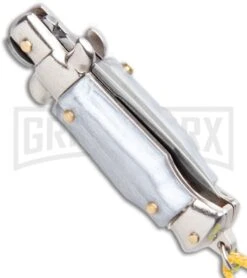 Italian Stiletto Gray Automatic Knife Yellow Keychain - Flat Grind -Elite Knives Shop SKM Italian Stiletto Keychain Auto Silver Yellow Satin BHQ 102940 jr side large