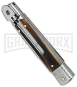 SKM 7.75" Slimline Brazilian Lever Lock Automatic Knife- Satin Swedge -Elite Knives Shop SKM Slimline leverlock brazilian horn satin BHQ 81881 er spine large