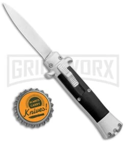 Enzo Stiletto Mini Black W/ Silver Bolsters OTF Automatic Knife - Satin Plain -Elite Knives Shop Stiletto Mini Black Silver Bolsters DA OTF Auto Satin GX 37640 jr bottlecap large