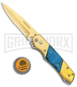 Super Knife Croc Automatic Knife Gold W/ Blue Inlay - Gold Serr 7 Super Knife Croc Automatic Knife Gold W/ Blue Inlay - Gold Serr -Elite Knives Shop Super Knife Croc Auto Stainless Gold Blue Serr GX 35767 jr bottlecap large