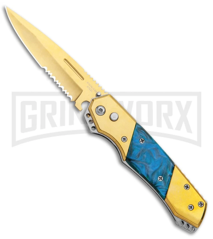Super Knife Croc Automatic Knife Gold W/ Blue Inlay - Gold Serr 1 Super Knife Croc Automatic Knife Gold W/ Blue Inlay - Gold Serr
