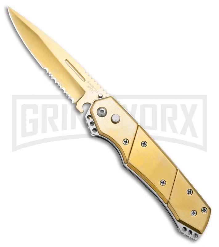 Super Knife Croc Automatic Knife Stainless Gold W/ Gold Inlay - Gold Serr 1 Super Knife Croc Automatic Knife Stainless Gold W/ Gold Inlay - Gold Serr