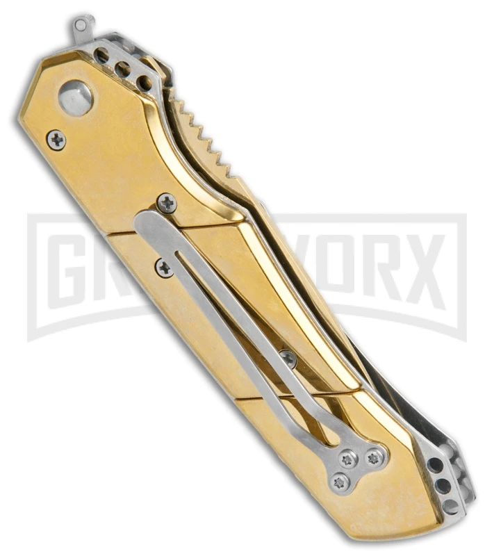 Super Knife Croc Automatic Knife Stainless Gold W/ Gold Inlay - Gold Serr 3 Super Knife Croc Automatic Knife Stainless Gold W/ Gold Inlay - Gold Serr - Image 3