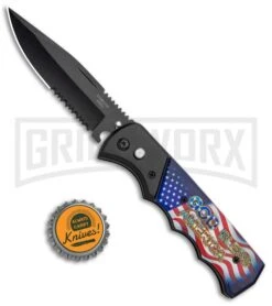 Super Knife Dingo Black God Bless America Automatic Knife - Black Serr -Elite Knives Shop Super Knife Dingo Black God Bless America Auto Black Serr GX 35765 jr bottlecap large