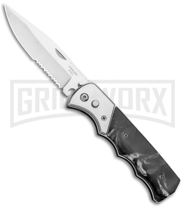Super Knife Dingo Black Marble Acrylic Automatic Knife - Satin Serr 1 Super Knife Dingo Black Marble Acrylic Automatic Knife - Satin Serr