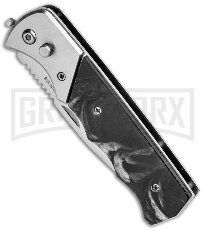 Super Knife Dingo Black Marble Acrylic Automatic Knife - Satin Serr 2 Super Knife Dingo Black Marble Acrylic Automatic Knife - Satin Serr - Image 2