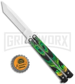 Super Knife Black Balisong Butterfly Knife Green Dragon - Tanto Satin -Elite Knives Shop Super Knife Green Balisong Butterfly Dragon Tanto Satin 1109GN GX 36801 jr bottlecap large
