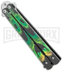 Super Knife Black Balisong Butterfly Knife Green Dragon - Tanto Satin -Elite Knives Shop Super Knife Green Balisong Butterfly Dragon Tanto Satin 1109GN GX 36801 jr side large
