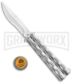 Super Knife Sleek Slinger Silver Balisong Butterfly Knife - Satin Serr -Elite Knives Shop Super Knife Sleek Slinger Silver Balisong Butterfly Knife Satin Serr GC16SL SERR GX 33398 jr bottlecap large