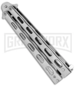 Super Knife Sleek Slinger Silver Balisong Butterfly Knife - Satin Serr -Elite Knives Shop Super Knife Sleek Slinger Silver Balisong Butterfly Knife Satin Serr GC16SL SERR GX 33398 jr side large