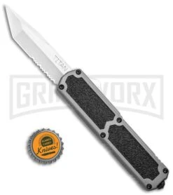 Titan Gray D/A OTF Automatic Knife - Tanto Satin Serrated -Elite Knives Shop Titan Gray DA OTF Auto Tanto Satin Serr GX 36399 jr bottlecap large