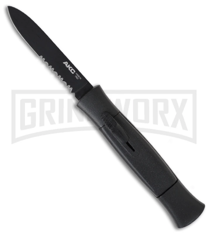AKC 077 Concord Black OTF Automatic Knife - Flat Black Serr 1 AKC 077 Concord Black OTF Automatic Knife - Flat Black Serr
