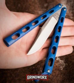 Bear And Son Knives 114 Blue Balisong Butterfly Knife - Satin Plain 4TH18 -Elite Knives Shop bear and son butterfly knife blue zinc bp large