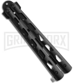 Monarch Strap Cutter Balisong Butterfly Knife Trainer - Black Plain -Elite Knives Shop bp black wg837 back large