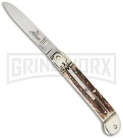 Hubertus 7.25" Pistol Lever Lock Stag Horn Automatic Knife - Satin Plain