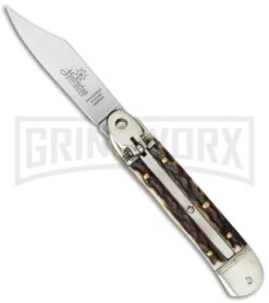 Hubertus 6" Small Lever Lock Stag Horn Automatic Knife - Satin Plain